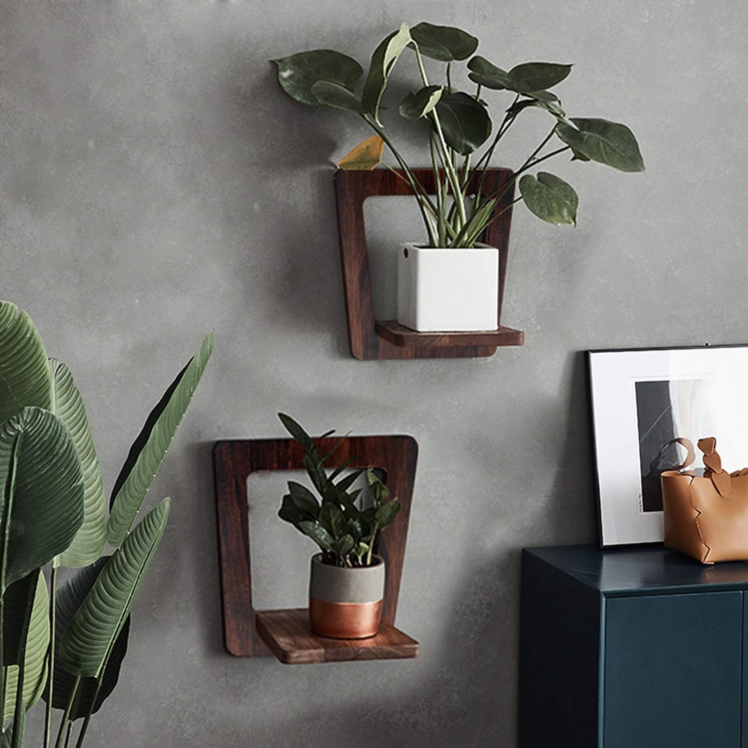 Amazon Com Welland 2 Pack Wooden Floating Shelves Wall Mounted Planter Holder Shelf Wall Decor Hanging Display Shelf Trapezoid Kitchen Dining