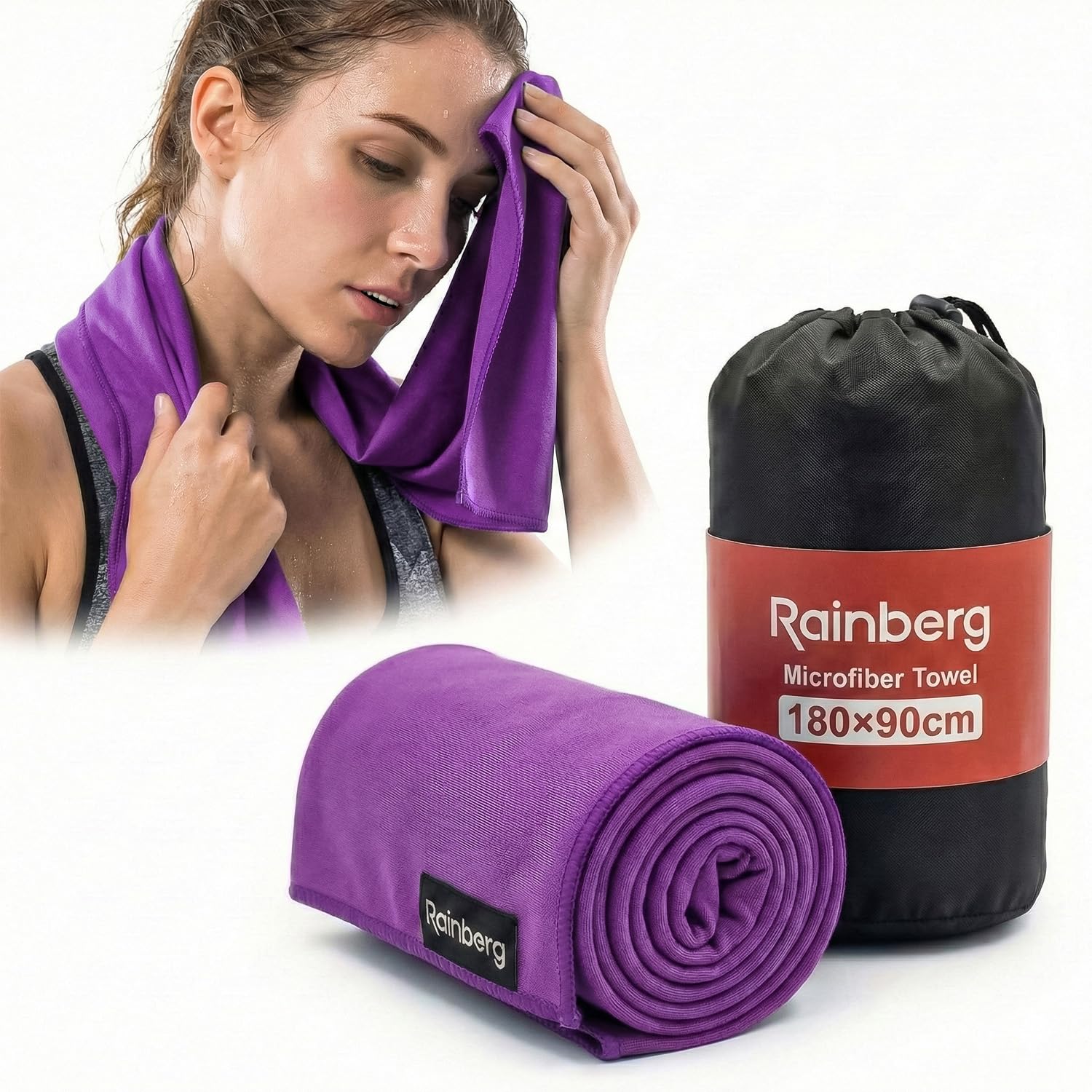 Rainberg Microfiber Towel (180x90cm), Large Gym Towel, Quick Dry Towel – Fast Drying, Super Absorbent, Ultra Compact, Lightweight, Great for Camping, Gym, Beach & Swimming (Purple)