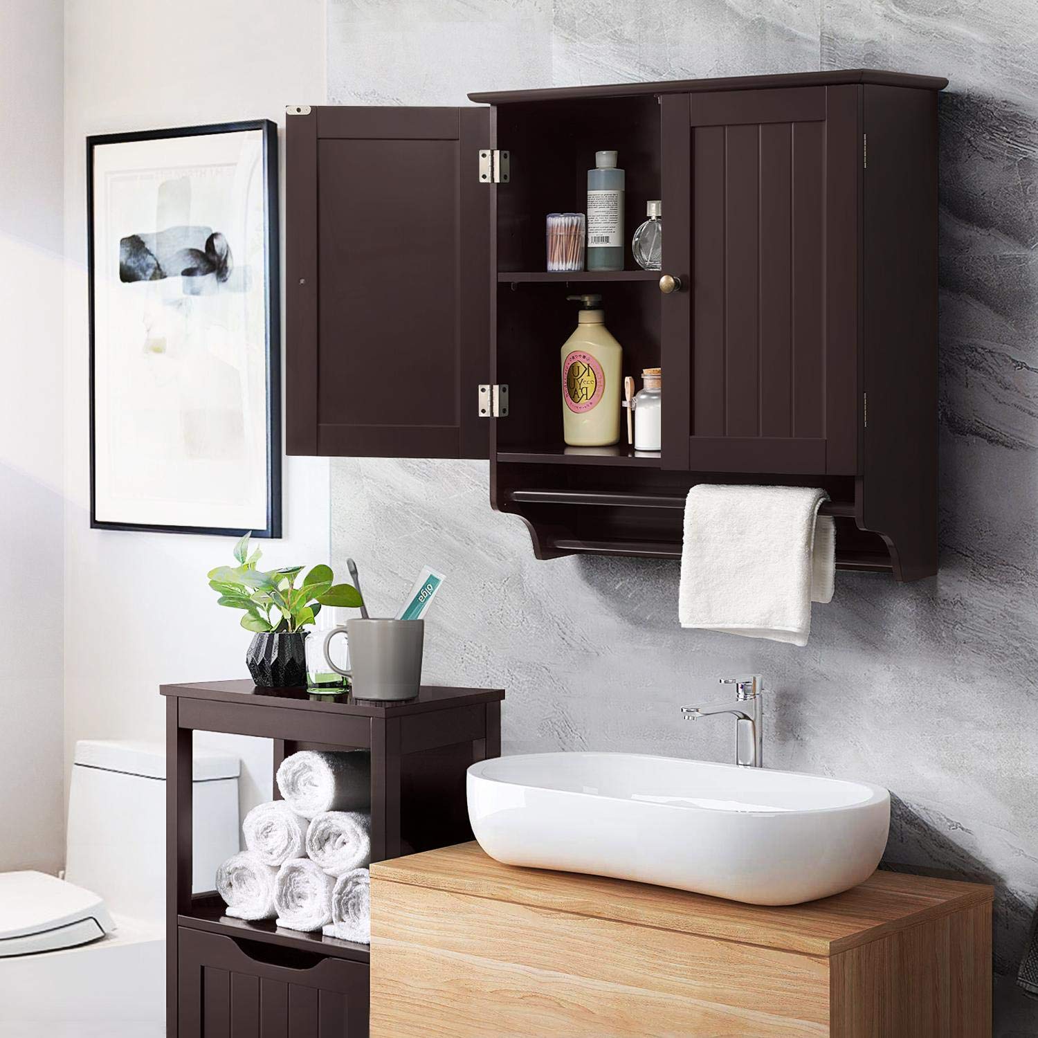 Yaheetech Bathroom Wall Storage Cabinet Over Toilet Organizer Space Saver Kitchen Doule Door Cupboard With 2 Hanging Bars Espresso Buy Online In Japan Yaheetech Products In Japan See Prices