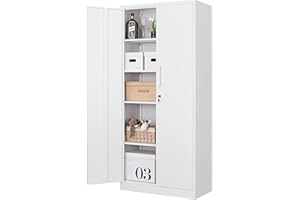 Fesbos Metal Storage Cabinet-71” Tall Steel File Cabinets with Lockable Doors and Adjustable Shelves-White Steel Storage Cabinet for Home, School, Office, Garage