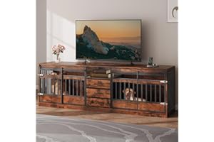 Homiflex 86.61" Large Double Dog Crate Furniture with Fabric Storage Drawers Farmhouse Dog Kennel TV Stand Indoor for 2 Large Medium Dogs Decorative Dog Cage with Sliding Door Power Outlets, Brown