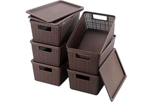 Wrrlors 6 Pack Plastic Storage Baskets With Lids,Brown Breathable Stackable Storage Bins,Small Storage Containers,for Organizing Storage Baskets on Desktops,Closets,Playrooms,Classrooms,Offices