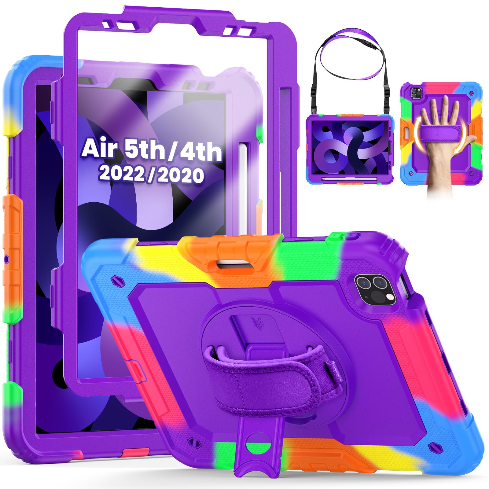 SEYMCY Kids Case for iPad Air 5th/4th Generation 10.9 inch 2022/2020, Full-body Shockproof with Screen Protector, 360° Rotating Stand & Hand Strap, Carrying Strap, Pencil Slot, Purple