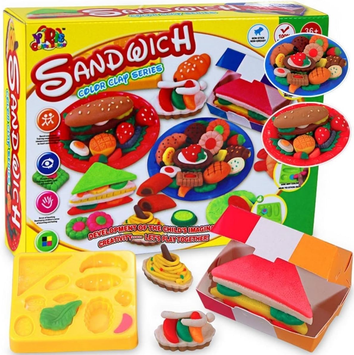 Kids Dough Doh Moulding Modelling Play Set Tubs Clay Rolling Pin Cutters Moulds - Sandwich Set Include 5 Tubs of Play Dough Modelling Clay Compound