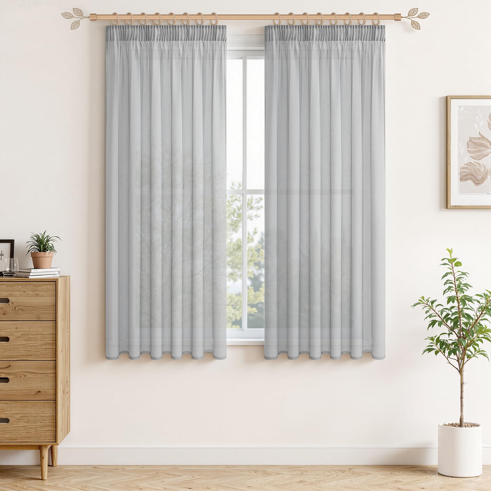 MRTREES Voile Grey Curtains for Bedroom 63 Drop 2 Panels Faux Linen Pencil Pleat Grey Curtains Panel for Living Room Patio Door 55x63 Drop 140cm x 160cm