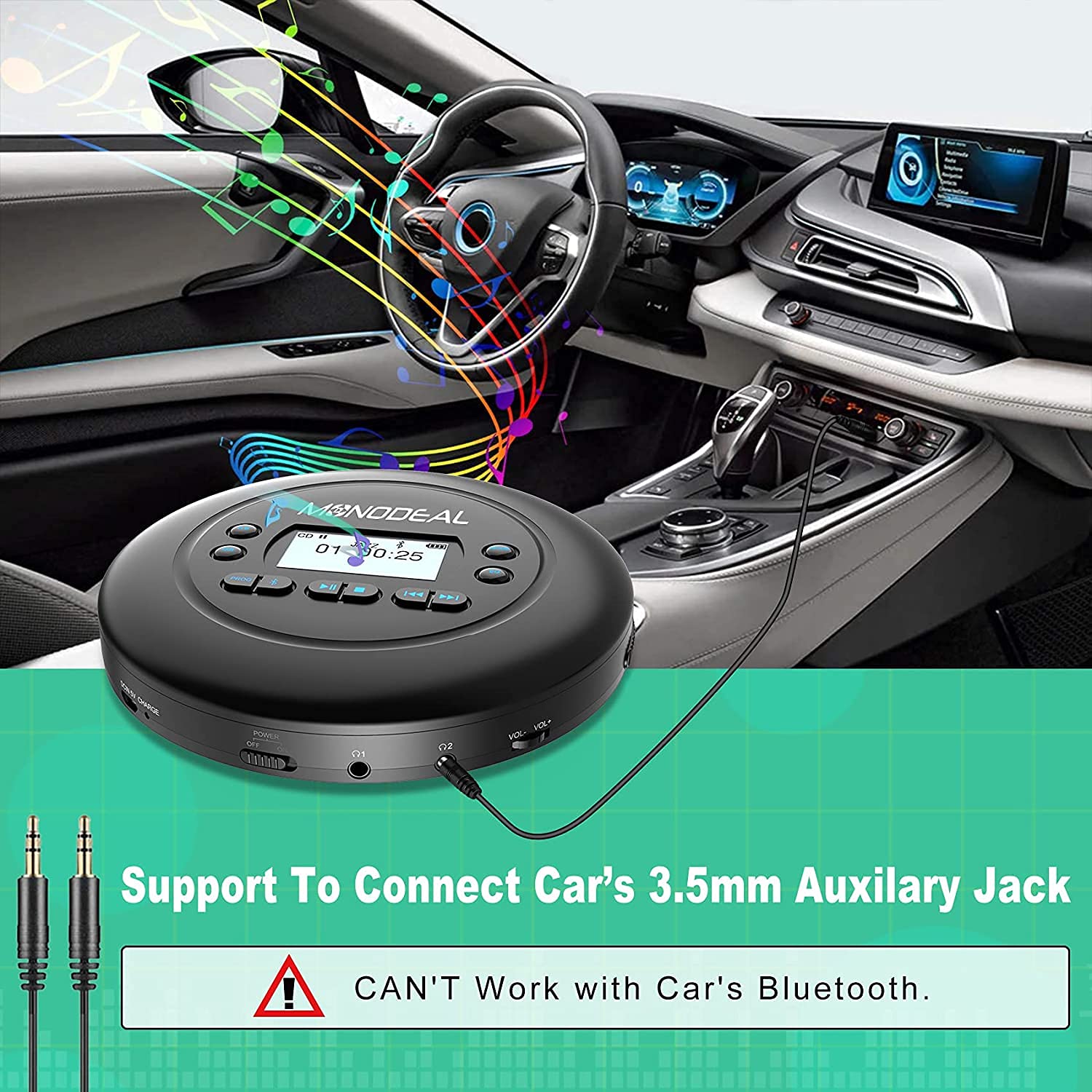 CD Player Portable, MONODEAL Bluetooth CD Player, Rechargeable Compact Small Player with Headphones for Car and Personal Use