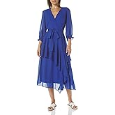 Maison Tara Womens 3/4 Sleeve Ruffle Front Faux Wrap Midi Dress