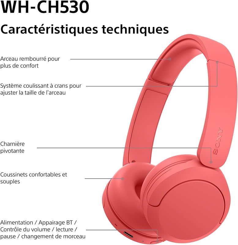 WH-CH530 Casque Bluetooth sans Fil - Rouge Corail Exclusif Amazon