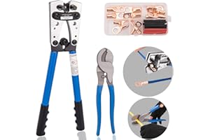 BOOTOP PIN Battery Cable Crimping Tool Battery Terminal Crimper Battery Lug Crimper for Heavy Duty Wire Lug AWG 8-1/0 Electrical Lug Crimper with Cable Cutter and 12PCS Copper Lugs, Battery Cable Crimper