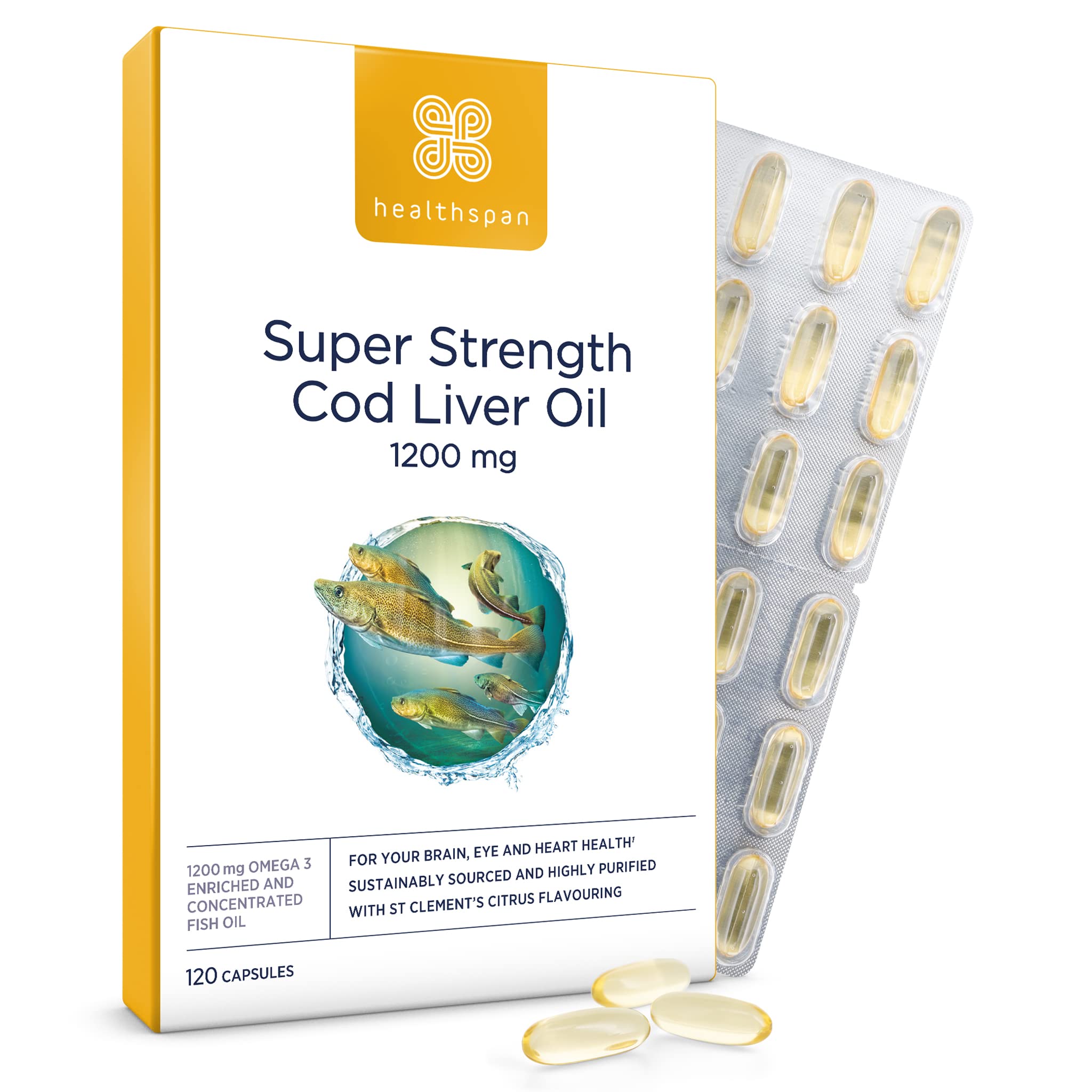 Healthspan Super Strength Cod Liver Oil 1,200mg (120 Capsules) | Supports Heart, Brain & Eye Health | Added Vitamin A, D3 and Calcium | Rich in Omega-3 Fatty Acids DHA & EPA | Sustainably Sourced