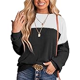 Dokotoo Womens Tops Fashion 2026 Color Block Long Sleeve Shirts Crewneck Knitted Casual Loose Pullover Blouses