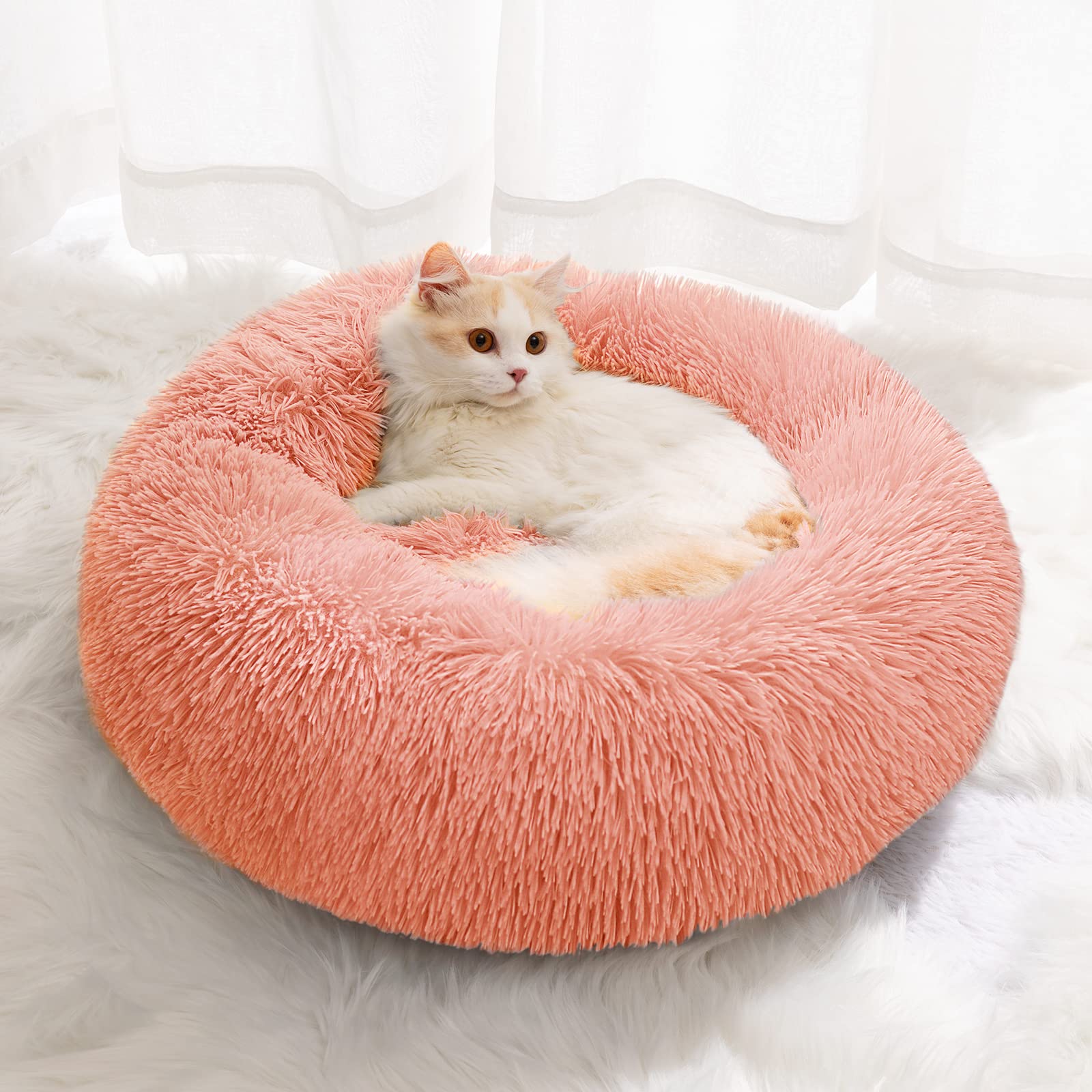 YOJOGEE Small Cat Bed for Indoor Cats, Self-Warming Donut Kitty Bed for Small Cats Keeping Warm, Washable Pet bed with Anti Slip Base, Pink 40cm