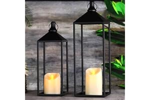 MATAHUM Modern Farmhouse Lanterns Decorative Indoor & Outdoor, 17" 13" Set of 2 Black Vintage Lantern with Flameless Candles, Metal Christmas Lantern Decor for Room, Porch, Mantle, Patio, Home Decor