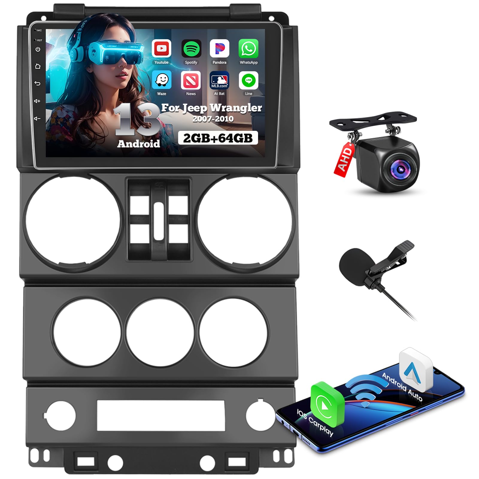Photo 1 of Fuluku Android 13 Car Stereo 2+64G for Jeep Wrangler (4 Doors) 2007-2010 with Wireless Carplay Android Auto Mirror Link, 9'' Touchscreen Radio WiFi GPS FM RDS Bluetooth SWC Backup Camera Mic