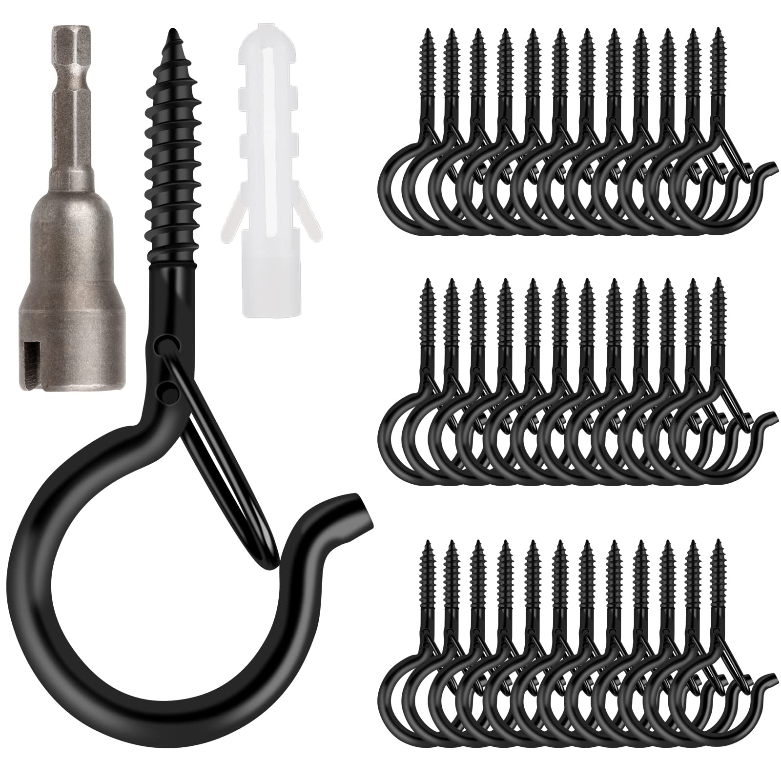 36 PCS Q-Hanger Hooks, Screw Hooks for Outdoor String Lights, Safety Buckle Design Cup Eye Hook for Hanging Christmas Lights, Plants, Wind Chimes, Mounted on Wall Ceiling, Include 1 Wing Nut Driver