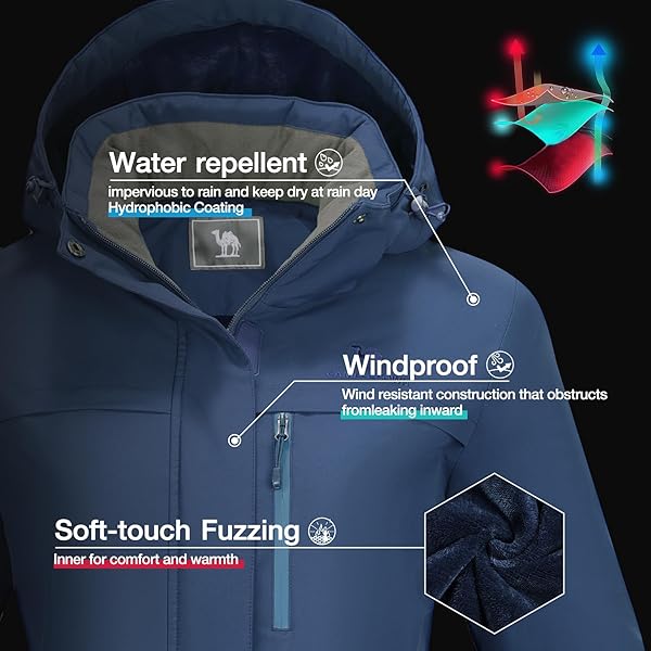 CAMEL CROWN WOMEN’S SKI JACKET WATERPROOF WINTER SNOW MOUNTAIN COAT WARM FLEECE WINDBREAKER HOODED RAINCOAT SNOWBOARDING JACKETS BLUE L
