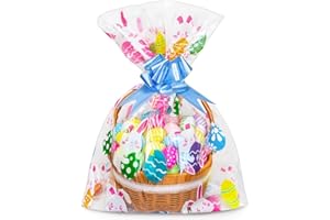RICEDUO 10 Pcs 24x30 Inch Clear Easter Basket Bags, Large Cellophane Wrap Bags with 10 Pcs Pull Bows for Easter Decorations, Kids Party Gift Bags