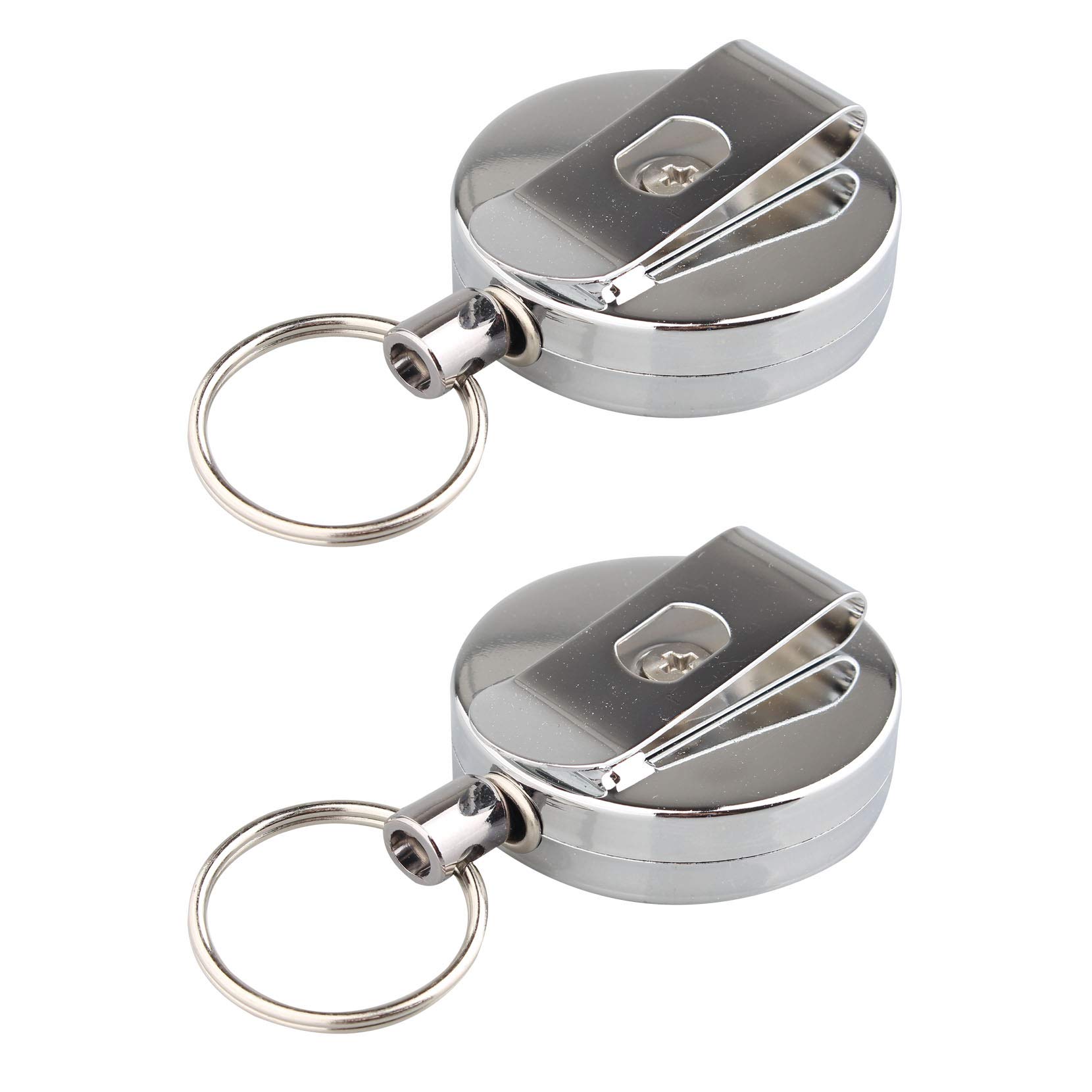 Jopto 2PCS Retractable Key Reel Ring Holders Metal Stainless Steel Recoil Ring Anti Theft Keychain Pull Keyring Telescopic Wire Rope Badge Holder Security Clasps Swivel with Belt Clip Silver