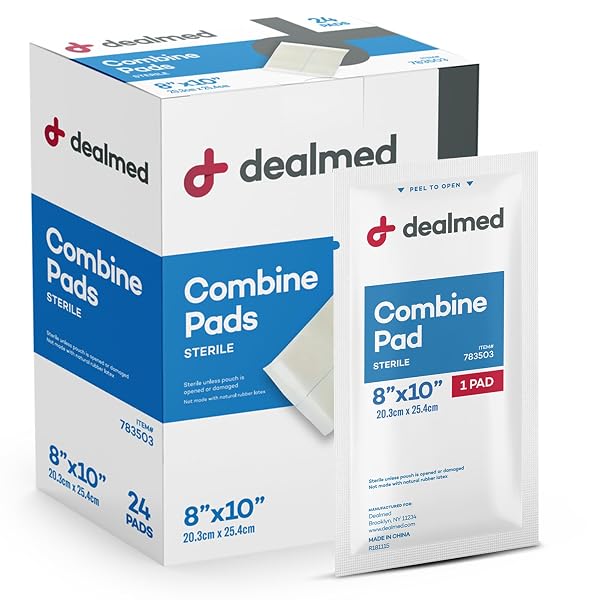DEALMED ABDOMINAL COMBINE PADS 8″X10″ (24-PACK) STERILE INDIVIDUALLY WRAPPED, ABD PADS, ABSORBENT, NON ADHERENT FOR WOUND CARE, DRAINAGE, FIRST AID, 24/BOX (1 PACK)