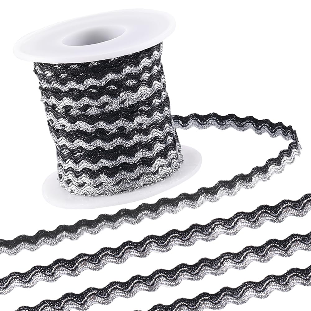 GORGECRAFT 15m RIC Rac Trim 5mm Two-Color Sparkle Bending Fringe Trim Black Sliver Metallic Wire Braid Wave Edge Ribbon Woven Webbing Lace for DIY Crafts Necklaces Bracelets Making Bow Gift Wrapping