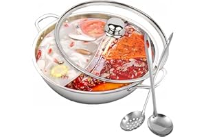 Hot Pot with Divider Lid 12.6” Stainless Steel Shabu Shabu Hot Pot, Induction Cooktop Gas Stove Kitchen Cooker for 4-6 Person