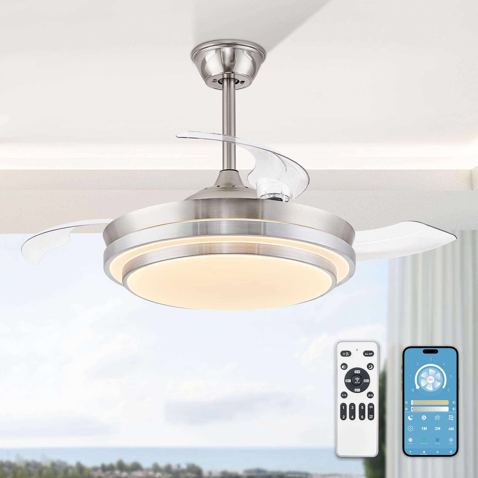 Photo 1 of LEDIARY Retractable Ceiling Fans with Lights and Remote, 42 Inch Fandelier Ceiling Fans with LED Lighting, Smart Modern Ceiling Fan, Stepless Color Changeable, Dimmable, Timer Setting, Brush Nickel