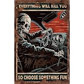 Creative Tin Sign Skeleton Auto Racing Funny Wall Art Metal Sign Vintage Car Decor Poster Skull Decor Tin Sign for Home Gate Garden Bars Restaurants Cafes Office Store Pubs Club Sign Gift 8x12 Inch