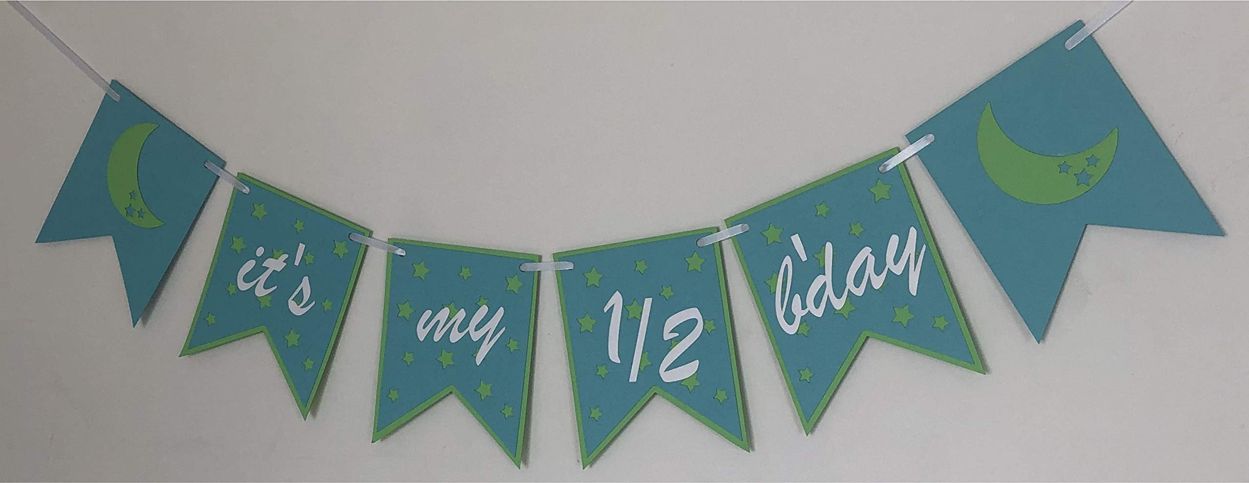 Pinfliers Moon and Star Theme Paper Half Year Birthday Banner, 6 Pieces, Aqua and Light Green, 31.5 inches in Length