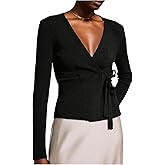 SweatyRocks Women's Wrap V Neck Tie Waist Cardigans Cozy Fitted Ribbed Knit Lightweight Sweater