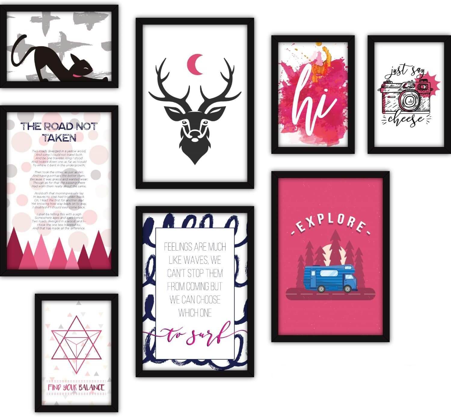 FATMUG Wall Paintings For Living Room With Frame - Home Decor -Travel Quotes With Glass -Set of 8