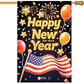 HOMETITUTE Happy New Year House Flag 28x40 Inch Double Sided Garden Flag American Flag Balloons and Fireworks Design Winter Holiday Yard Banner Large Outdoor Flag for Porch Lawn Home Decoration