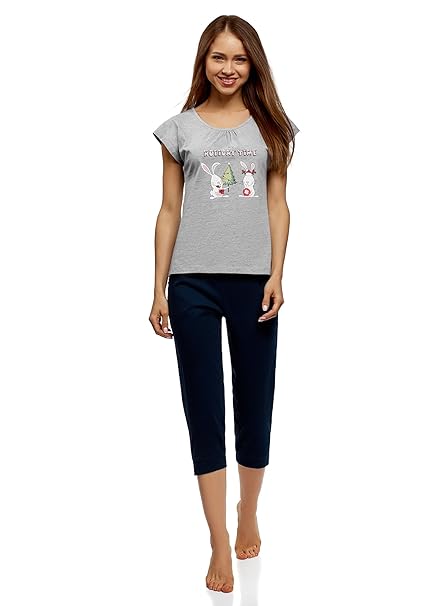 oodji Ultra Damen Weihnachts-Schlafanzug mit Capri-Hose und T-Shirt mit Aufdruck