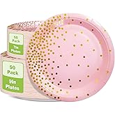 WXLDGHQ Pink and Gold Party Supplies, 100 Pack - 50 x 9" & 50 x 7" Disposable Paper Plates for Birthday, Wedding, or Any Party Decorations