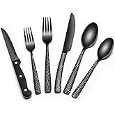 EWFEN 24-Piece Black Silverware Set with Steak Knives, Black Flatware Set for 4, Food-Grade Stainless Steel Tableware Cutlery Set, Mirror Finished Utensil Sets for Home Restaurant, Wave Hammered
