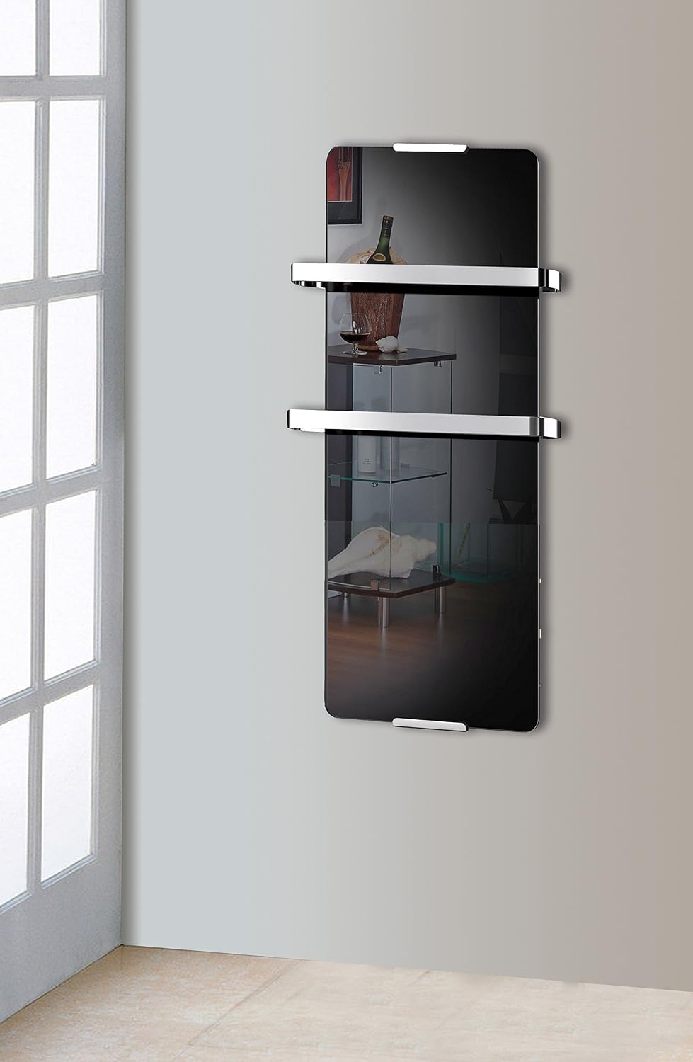CHEMIN'ARTE Radiator Towel Heater, 600W IP24, with 2 Aluminium Towel Rails - 46x6x90cm - Extra Slim, Black, 90 x 6 x 46 cm