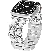 LOFOV Compatible With Apple Watch Band for Woman 38mm 40mm 41mm, Metal Strap Leather Over Gold Chain Cowboy Style Replacement iWatch Series 9 8 7 6 5 4 3 2 1 SE (Silver Link with White Leather)