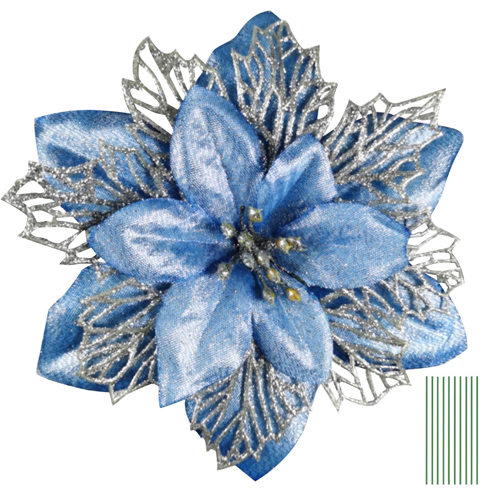 Yueshop 10PCS Artificial Flowers Christmas Glitter Three Layer Floral Accessories for Christmas Tree Ornaments Xmas Garland Wreath DIY Decorations (Blue) — image 1