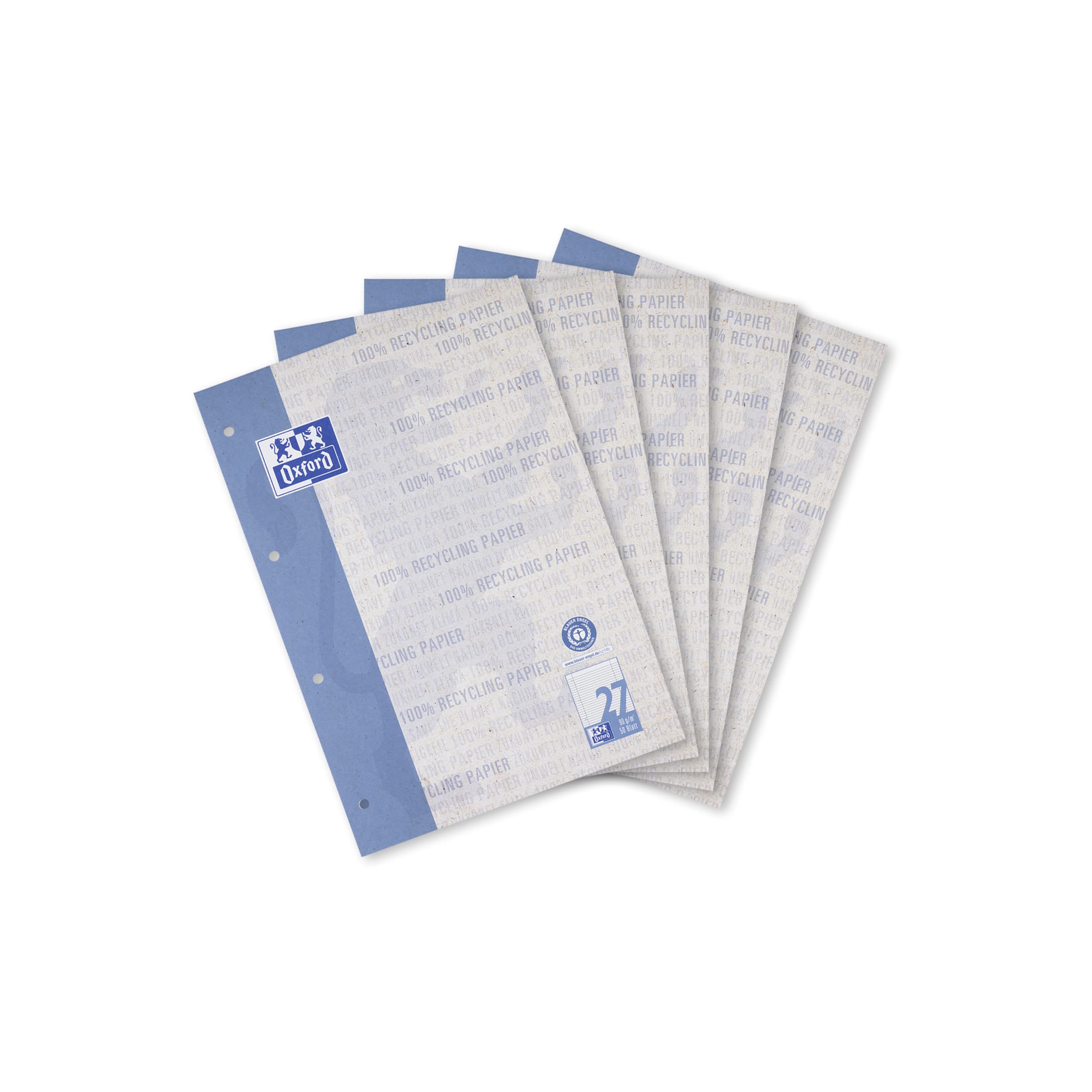 Oxford Recycling school pad A4 lined with margin, glued on the top, line style 27, 50 sheets, pack of 5