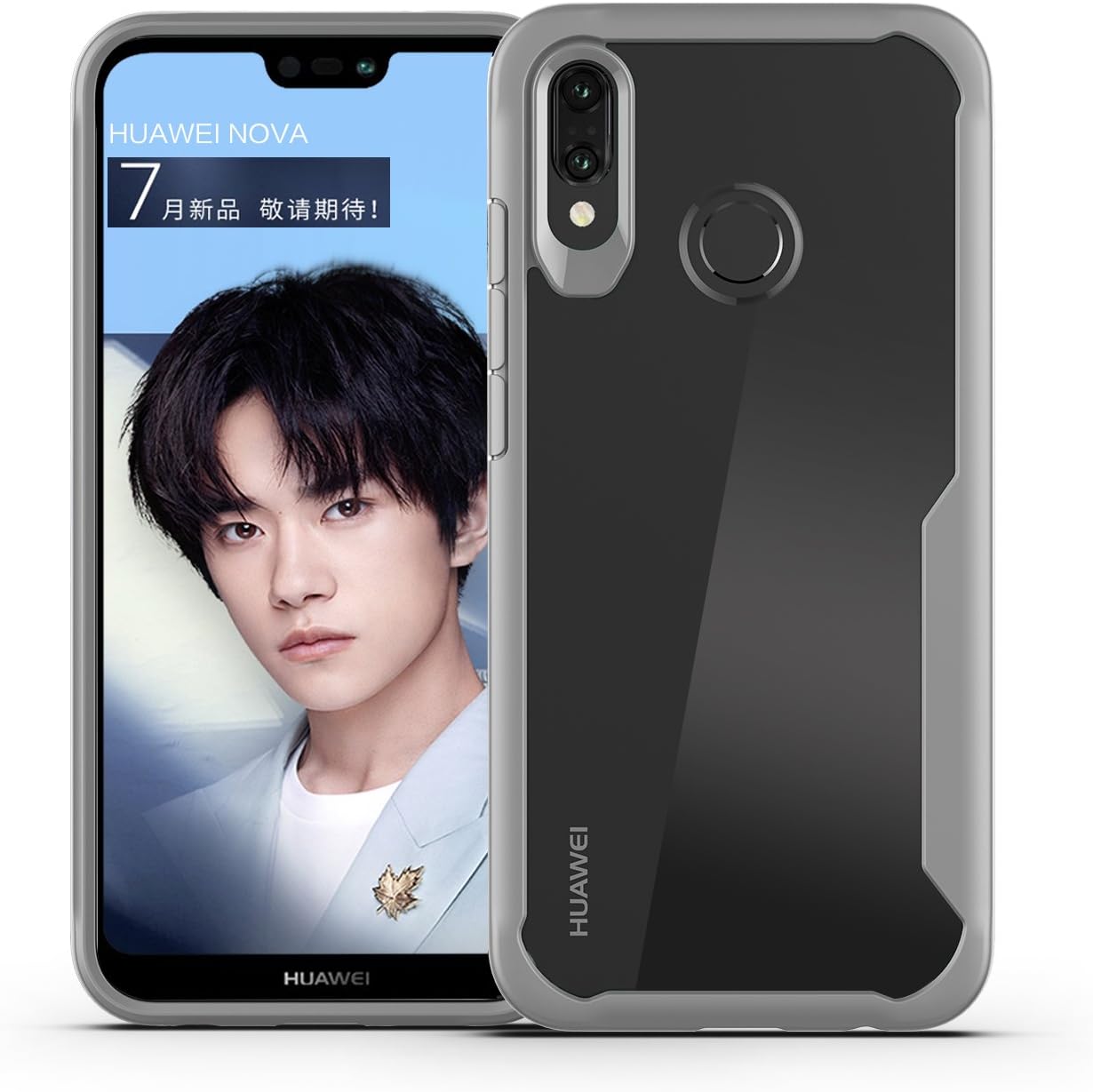 Huawei Nova 3i Case, P Smart+ Plus Case, Lisuixi [Transparent Backcover+Soft Rubber Bumper] Premium Clear Back Cover and Silicone Bumper Shockproof Anti-Scratch Hybrid Cover for Huawei Nova 3i Gray