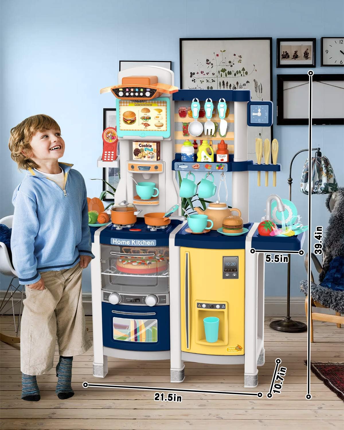 UNIH Toys for Kids Play Kitchen Pretend Kitchen Playset Toddler Toy with Realistic Lights & Sounds,Play Oven & Sink,Coffee Toy Set,Kids Phone and Other Kitchen Accessories Blue Toys for Girls and Boys: Toys & Games