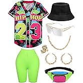 80s 90s Outfit for Women Baseball Jersey Shirt Shorts Fanny Pack Retro Party Costume Repper Accessories