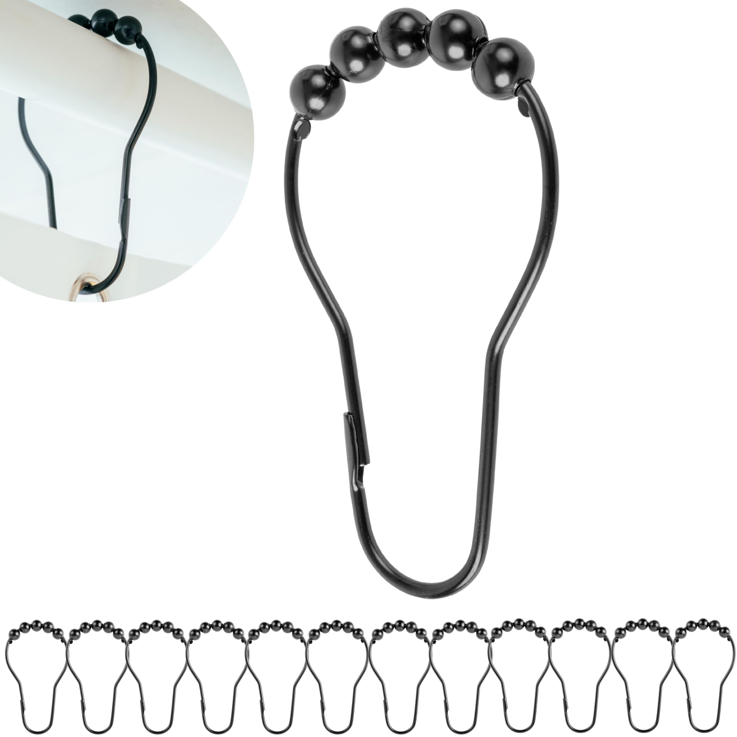 Shower Curtain Rings, 12 Pack, in Black-Colour, Inner Diameter 2.7 x 1.5", for Shower Curtain Rods, sturdy metal shower rings, with Rolls to slide, hooks for shower curtains, shower curtain hooks