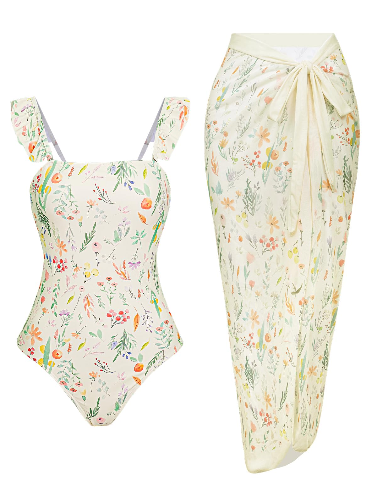 Photo 1 of Women's One Piece Swimsuit with Cover Up Modest Bathing Suits with Cover Up Set Sarong Wrap Swim Suits for Women Slimming Swimwear Retro Floral Two Piece Swimsuits Beige Flower Medium