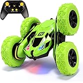 Threeking Remote Control Car RC Cars Toys for Boys Girls Ages 6-12, 4WD Stunt Car with Breathing Soft Lights, Double-Sided Driving & 360° Flips, Presents Gifts, Green