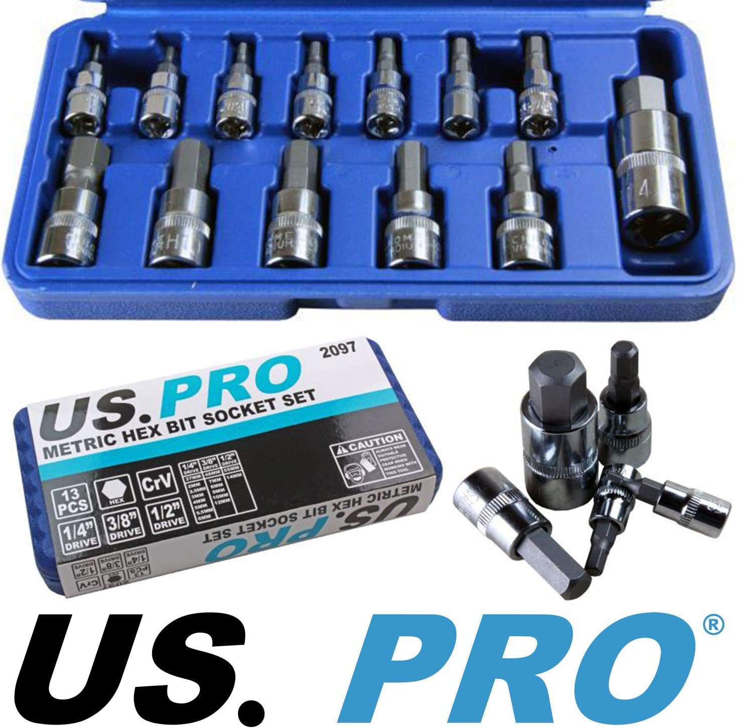 US Pro Trade Quality 13 pc Metric Hex Bit Socket Set 2 to 14mm in Case B2097, Variety Pack