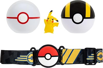 Set de cinturón Pikachu Clip ‘N’ Go de Pokémon: Figura de Batalla de Pikachu de 5 cm con Honor Ball, Ultra Ball y cinturón temático de Tipo eléctrico.