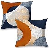 Supwhd Abstract Modern Boho Pillow Covers 18x18 Set of 2, Navy Blue Orange Gold Textured Circles Decorative Pillow Covers for Bedroom Living Room, Modern Home Decor