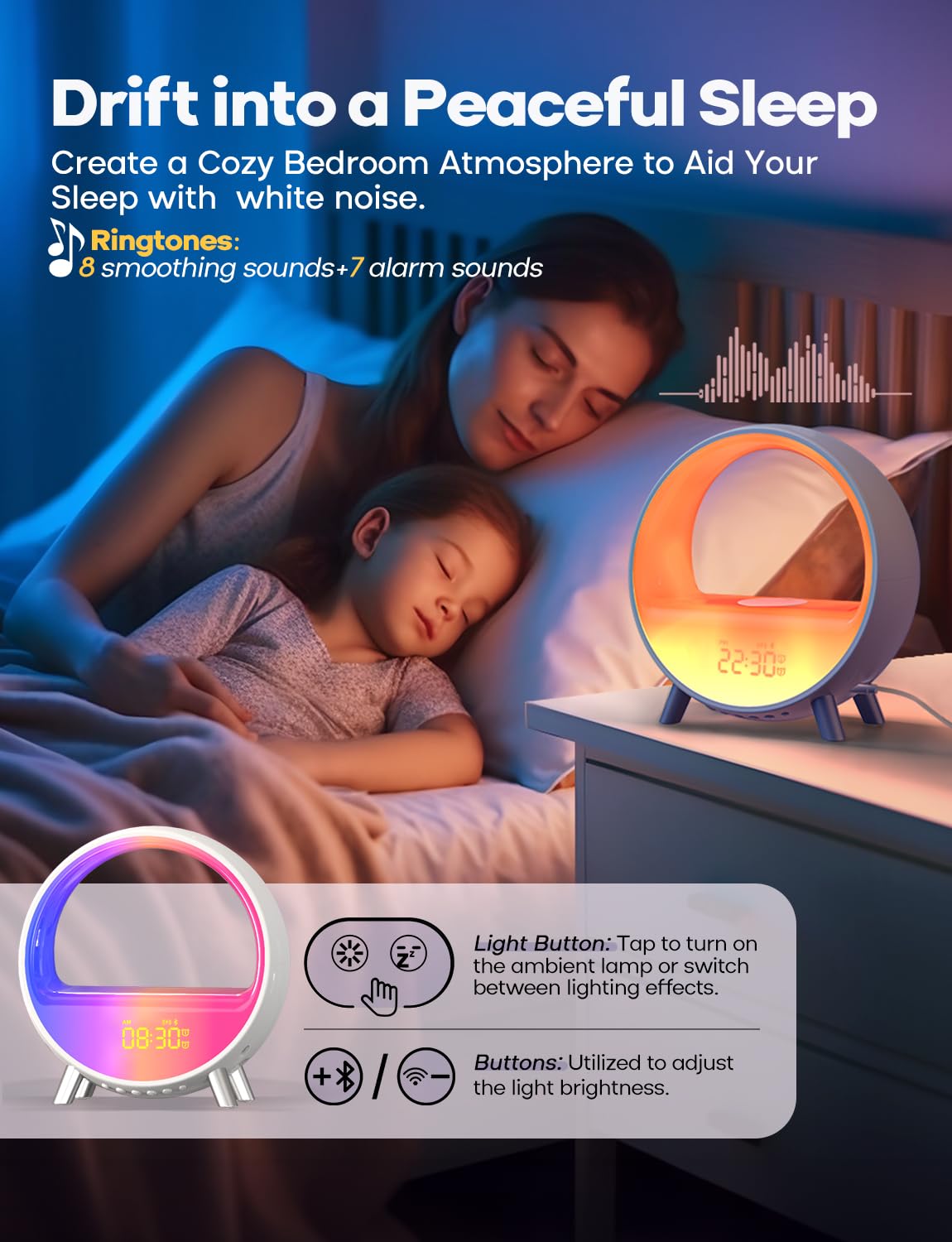Dekala Arches Gradual Sunrise Alarm Clock with Wireless Charging Bluetooth Speaker White Noise Soothing Sound Machine Night Light for Adult Teens Touch/Button Control【Special for No WiFi No App】