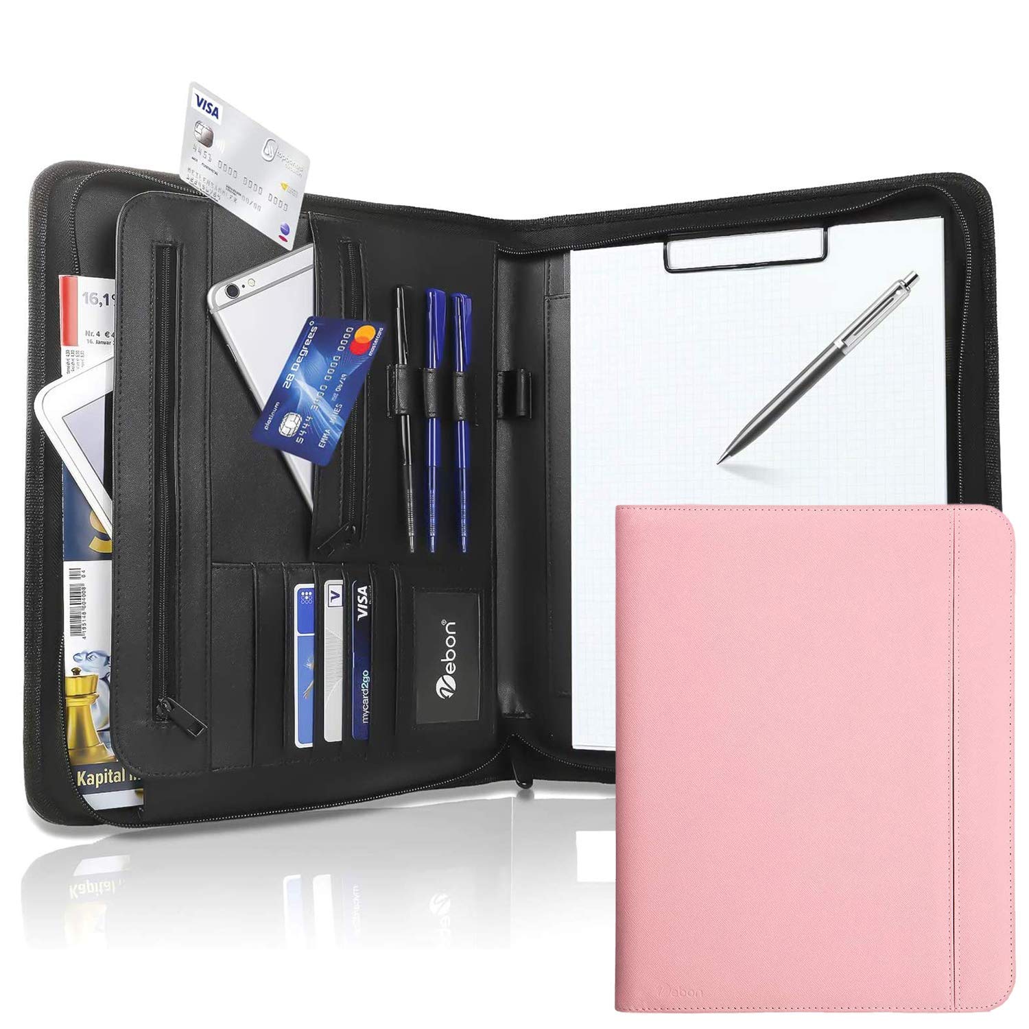 Vebon® New York Writing Case A4 Large I Vegan Leather Zip + Clipboard I Conference Folder + Laptop Bag I Extra Storage Space I Black, Pastel pink