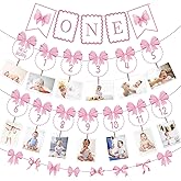 12 Months Photo Banner - Girls Just Wanna Be One Birthday Decorations First Birthday Decor for Girl 1st Monthly Pink Bow Picture Banner Newborn Milestone Garland Bunting Display for Baby Girl